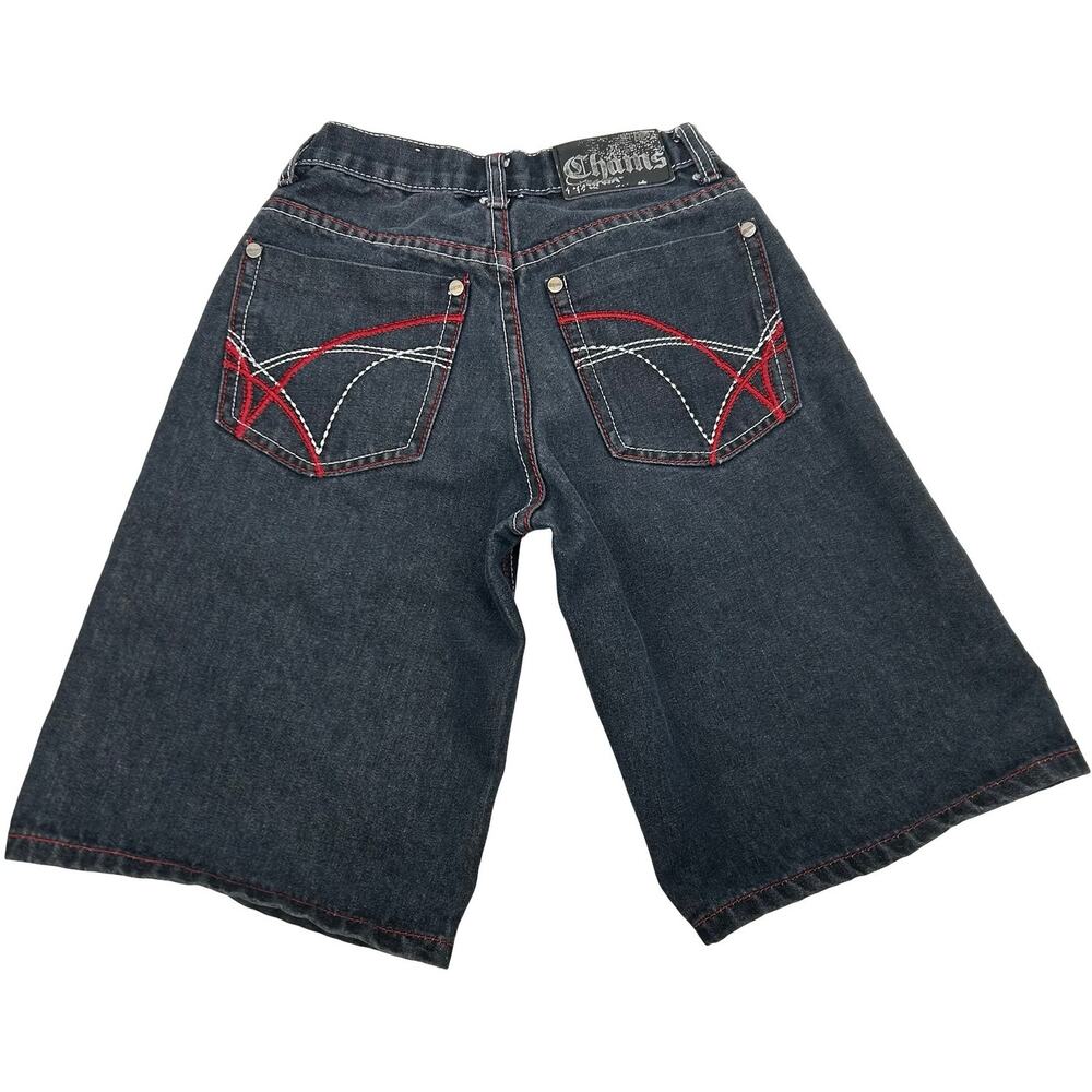 VTG y2k Youth Boys Black Red Chams Dark Wash Blue Denim Jean Jorts Shorts Sz 8